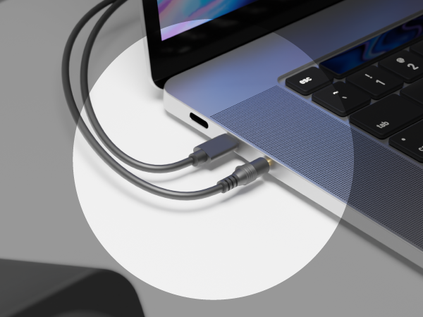 FUNLOGY Speaker Plus connected to a laptop with USB-C power and 3.5 mm AUX audio.