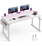 DurayLoly 55 Inch White Computer Desk with LED Lights, Office Desk with Storage Bag for Home Offi...