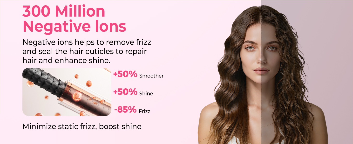 Text reads: '300 Million Negative ions', 'Negative ions help to remove frizz and seal the hair cuticles to repair', '+50% smoother'. Hair styling product advertisement showing before/after results.
