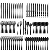 BEWOS 72-Pieces Black Silverware Set for 12 - Stainless Steel Flatware Set with Mirror Polish, Bl...