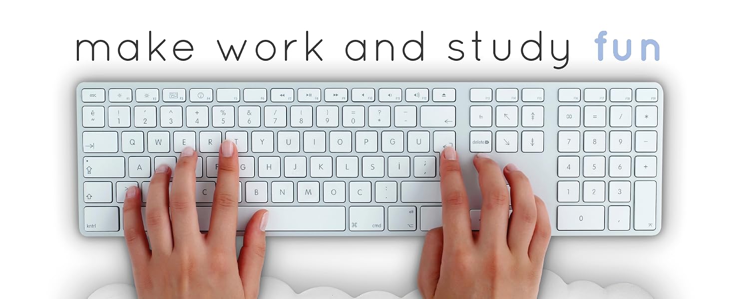 Two hands typing on keyboard with white cloud wrist rest for computer keyboard on a white background