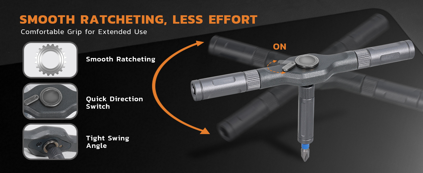 Smooth ratcheting and quick direction changes reduce hand effort.