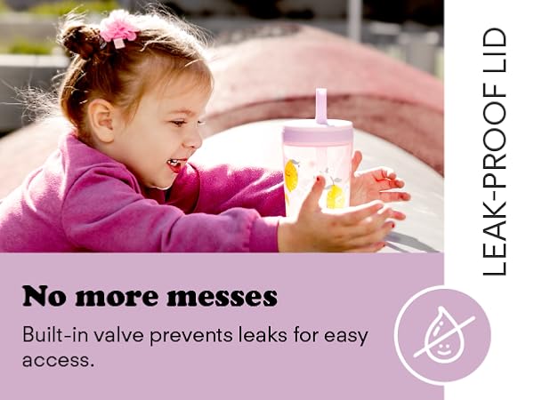 Photo of girl with Kelso tumbler with text calling out leak-proof feature