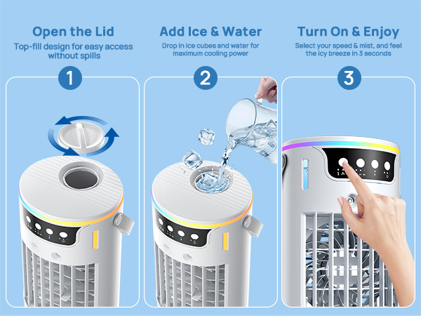 Top-fill desk top ac 3 steps: open lid, add ice water, and enjoy instant icy mist