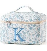 HBselect Initial Makeup Bag, Quilted Makeup Bag, Cotton Large Travel Makeup Bag, Cute Floral Coqu...