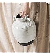 Large White Ceramic Vase - 9.5 Inch Rustic Farmhouse Vase with Handles for Home Decor, Vintage Ta...