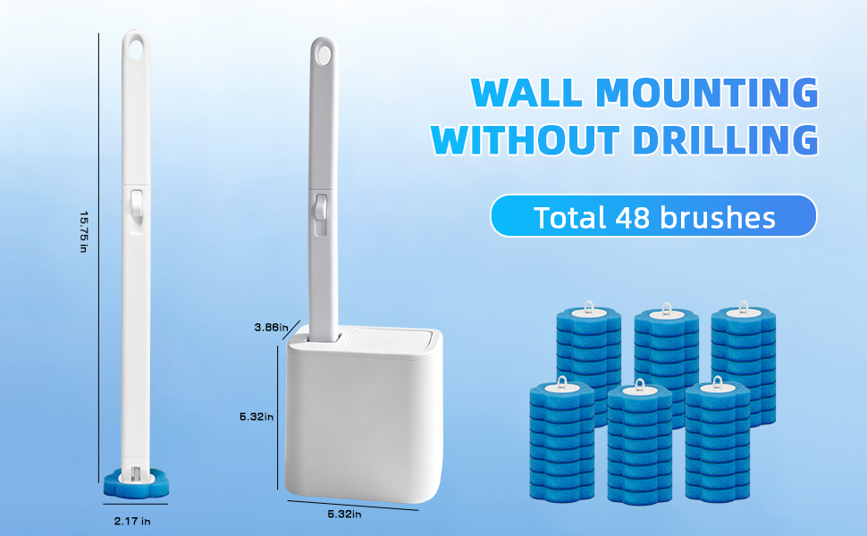 No-drill toilet brush holder dimensions, compact bathroom storage, long handle toilet wand