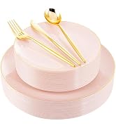 I00000 150Pcs Pink Plastic Plates, Heavy Duty Gold Rimmed Plastic Plates with Gold Plastic Silver...