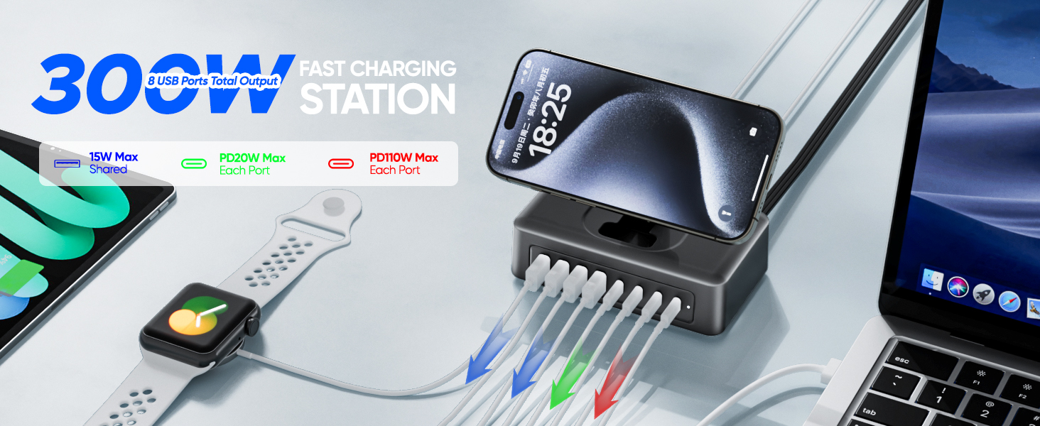 300W Total usb c charger block, charging station for multiple devices