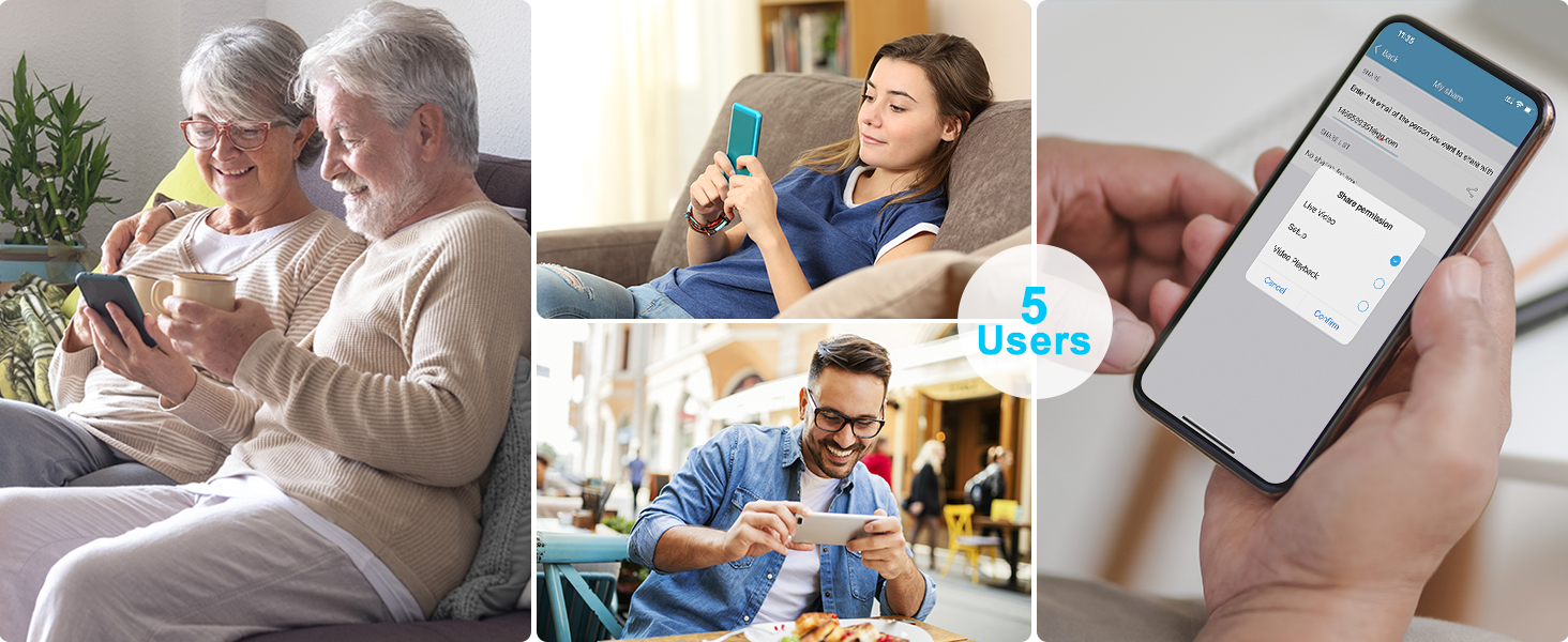 Collage of people using smartphones: elderly couple, young woman on couch, person holding phone with app interface, and man in cafe setting.