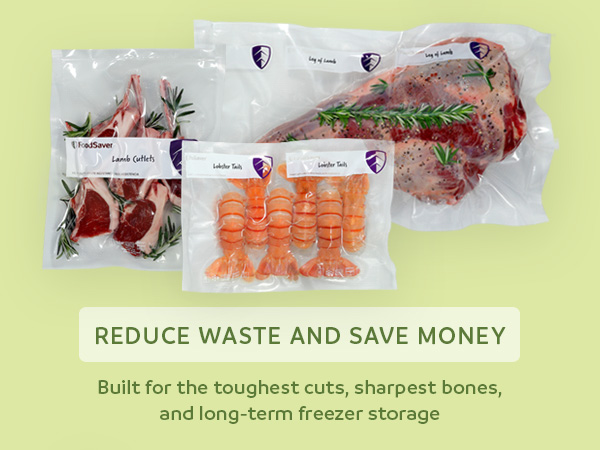 Vacuum-sealed food bags with meats and text about saving money