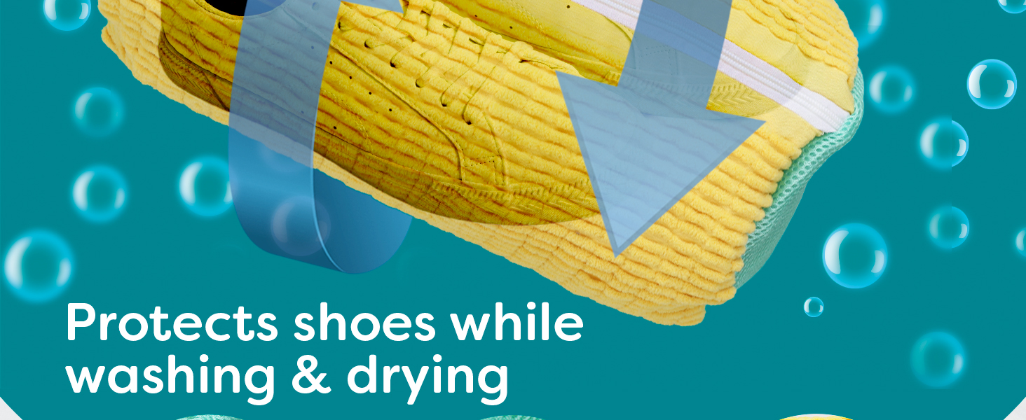 Text reads 'Protects shoes while washing & drying'. Product demonstration showing yellow mesh shoe bags with water droplets in background, highlighting protective function during laundry.