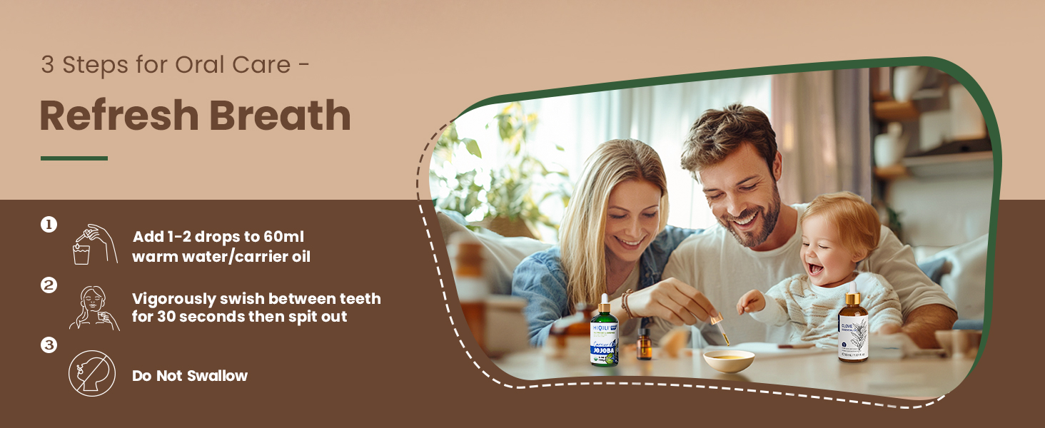 Text reads '3 Steps for Oral Care - Refresh Breath'. Kitchen setting showing meal preparation scene with dining table and kitchen counter visible.