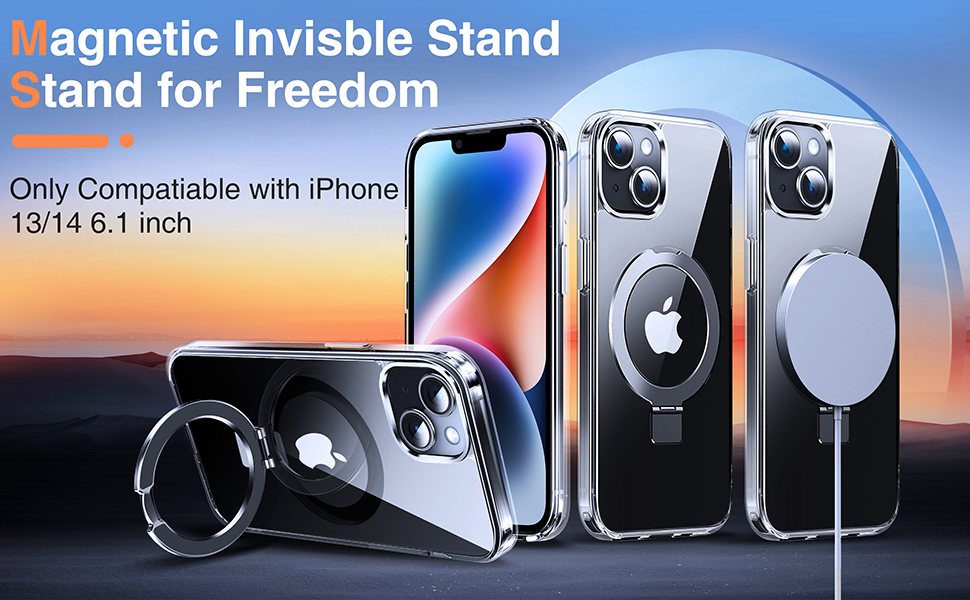 Magnetic invisible stand for iPhone 13/14 6.1 inch. Shows three smartphones with attached magnetic stands in different configurations against a sunset background.