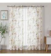 OWENIE Crushed Semi Sheer Curtains 72 Inch Length 2 Panels Set, Printing Floral Pattern Rod Pocke...