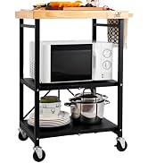 Mythinglogic Foldable Kitchen Storage Cart, 3-Tier Rolling Cart with Solid Oak Top, Heavy-Duty Me...
