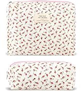 2Pcs Quilted Cotton Makeup Bag Large Travel Makeup Pouch Small Brush Holder Set for Women Cute Fl...