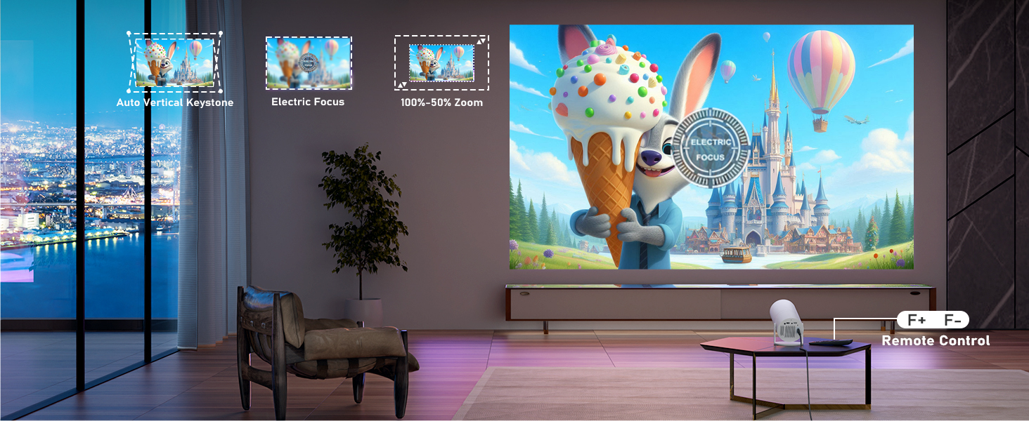 Home theater setup with large projector screen displaying colorful animated scene. Room features modern furniture and ambient lighting.