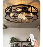 20" Farmhouse Flush Mount Ceiling Fan with Lights and Remote, Low Profile Caged Ceiling Fan Fande...