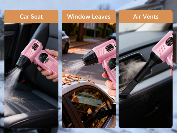 Pink air duster blowing dust from car seat removing leaves and cleaning car air vents