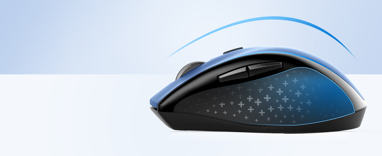 a blue and black mouse with a blue design on the back.