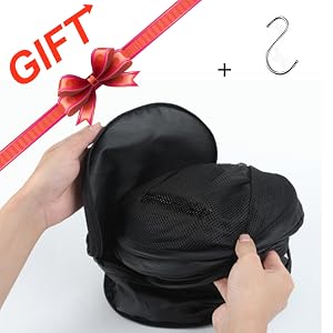 Black fabric cap or hat shown from multiple angles, featuring adjustable elements and structural details of the design.