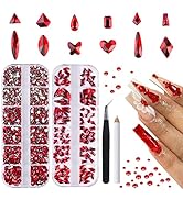 Canvalite 1820Pcs Red Rhinestones Nail Gems, 12 Styles 3D Glass Crystals Nail Charms Shiny Multi ...