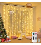 Honche 300Led Cuttable Curtain String Lights 10x10ft with Remote Window Lights for Bedroom Weddin...