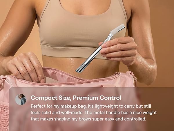 Portable eyebrow razor for brows, face, and peach fuzz removal.