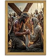 Wood Framed Jesus Carrying Cross Wall Art, Christian Religious Canvas Painting, Jesus and Woman P...