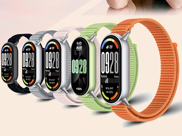 Collection of smartwatch bands in various colors including orange, green, and black, displaying digital watch faces with time readings.
