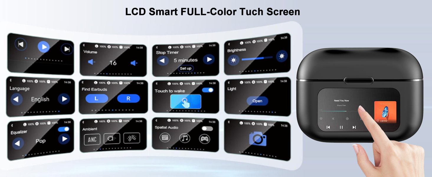 Black wireless earbuds case with LCD touch screen displaying various control options.