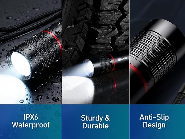 Text reads 'IPX6 Waterproof', 'Sturdy & Durable', 'Anti-Slip Design'. Multiple product shots of black tactical flashlight showing waterproof features and textured grip.
