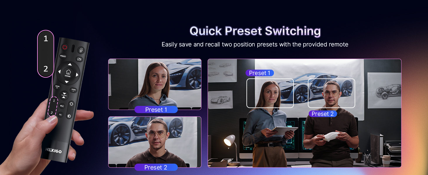 Hand close-up: One-click switch between presets via remote.