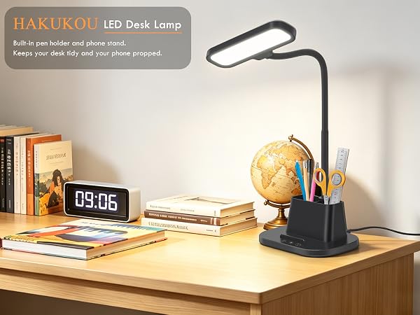 LED Desk Lamp for Dorm Room with Pen Holder USB Charging Port Small Reading Light for Home Office