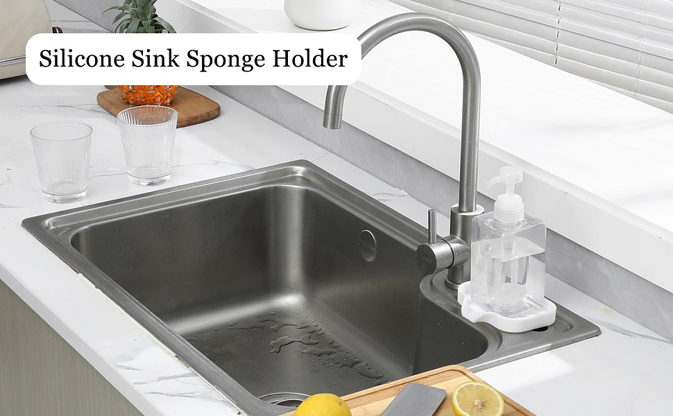 white soap dish with drain on kitchen sink
