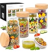 EDELHAUS 4 Pack Glass Salad Jars with Wooden Lids for Meal Prep, Leakproof Container with Two Sma...