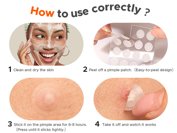 Text reads 'How to use correctly?' Four-step instructional diagram showing facial application of pimple patches: apply, peel protective layer, stick on pimples, leave 6-8 hours, remove gently.