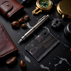 A rugged outdoor scene with a backpack, compass, and the product lying on a rocky surface.