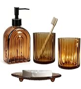 Amber Glass Bathroom Accessories Set,13.5oz Liquid Arch Design Hand Soap Dispenser Set with Strip...