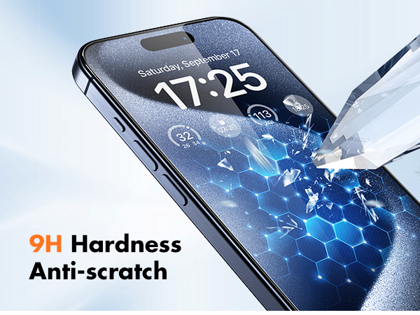 Smartphone screen protector demonstration. A pen tip strikes a hexagonal pattern on the screen, showcasing '9H Hardness Anti-scratch' feature. Time 17:25 displayed.