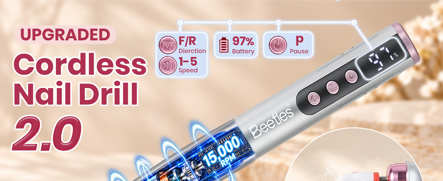 Beetles Cordless Nail Drill, 7 Bits Electric Nail File 5 Speeds LED Display,Rechargeable Nail Drill
