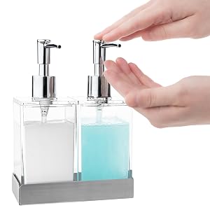 Acrylic Twin Liquid Soap and Lotion Dispenser Set with Caddy - Double Soap Dispenser for Kitchen
