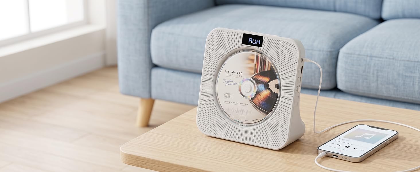 MEGATEK CP28BR Portable Desktop CD Player with AUX Input is Connected with a Smart Phone