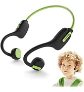 Bone conduction headphones with green and black design. Curved shape wraps around back of head. Shown worn by a child with curly hair.