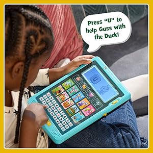 Kid plays games with eReader. eReader says: Press “U” to help Guss with the Duck!