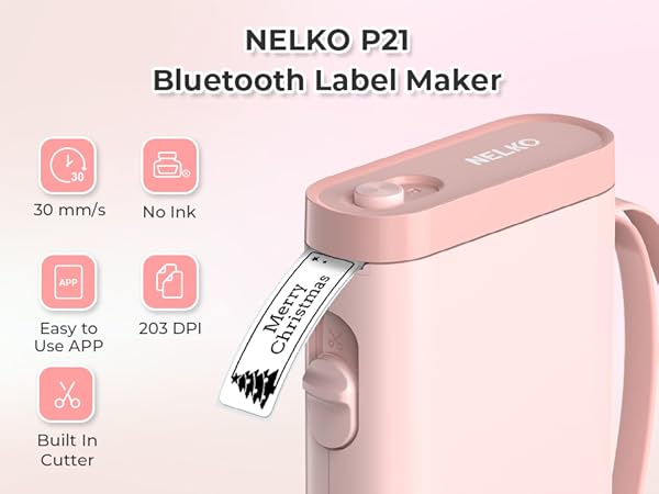 NELKO P21 Bluetooth Label Maker in pink. Features include 30 mm/s speed, inkless printing, 203 DPI resolution, built-in cutter, and app compatibility. Shown printing a sample label.