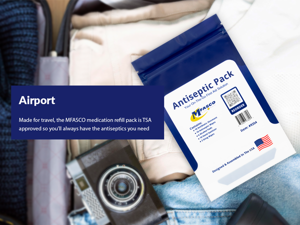 airport made for travel TSA approved luggage suitcase packed antiseptics unit dose