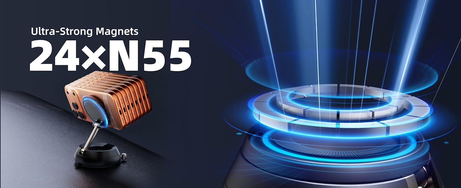 Strong magnetic phone mount with 24 N55 magnets. Secure car mount for iphone 15 Pro Max.