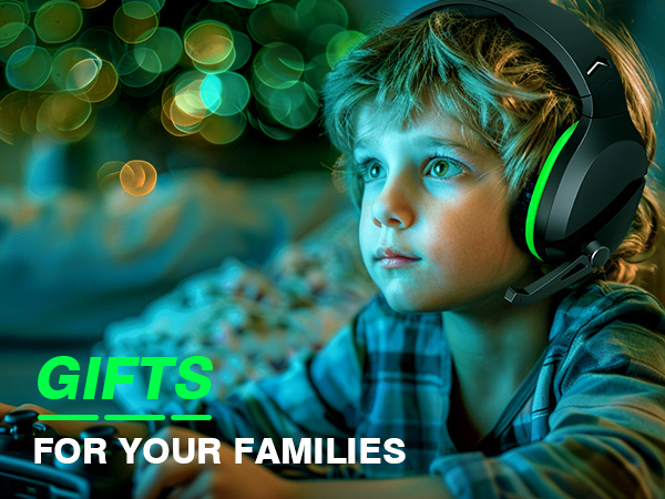 Gaming headset with bright green accents shown against bokeh background, with 'GIFTS FOR YOUR FAMILIES' text overlay.